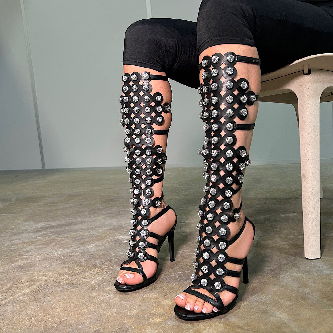 Preorder-Jadee In Black Studded Gladiator Heels (ETA 7/10-7/15)