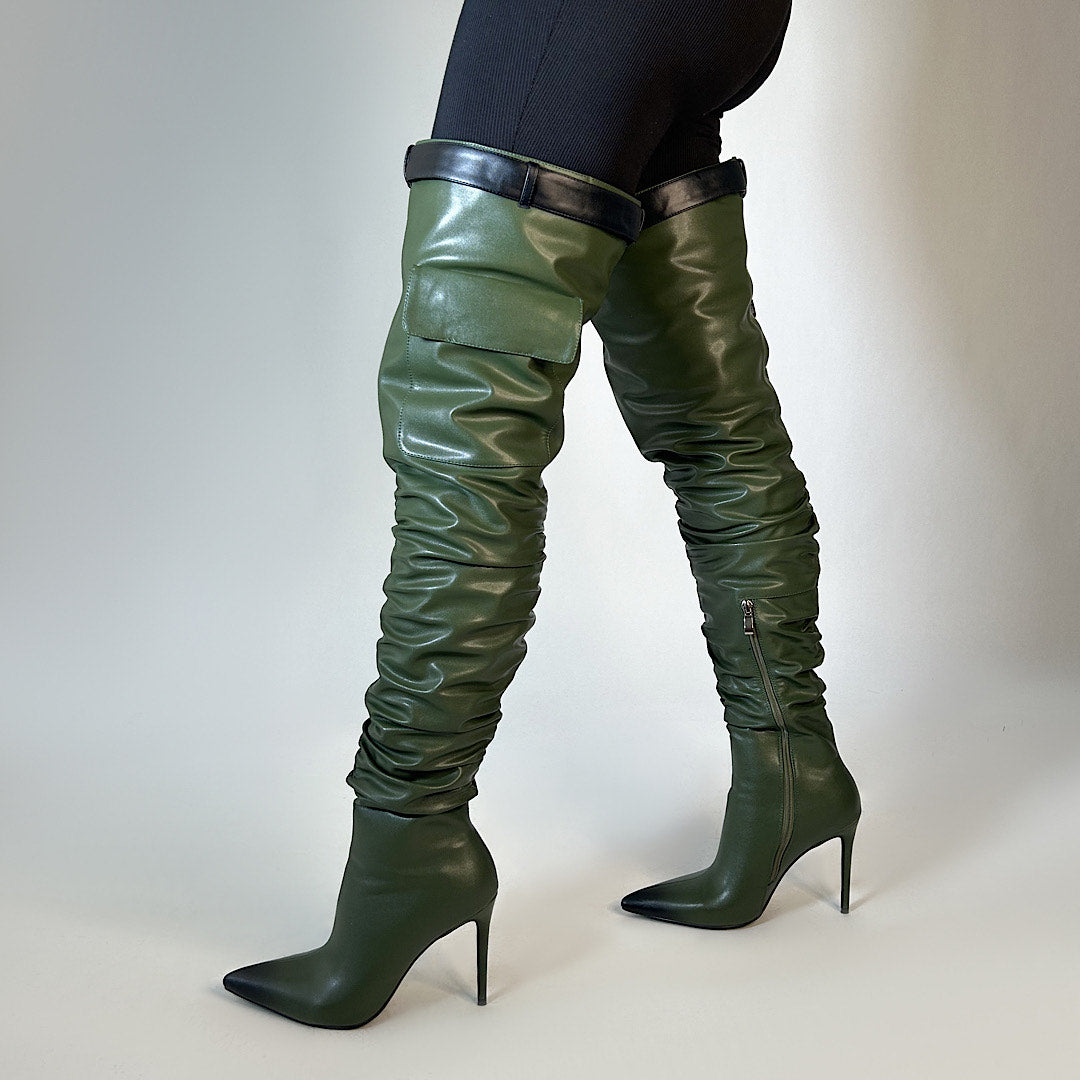 Nelson Olive Thigh High Boots