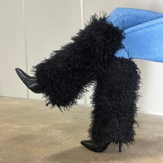 Lady In Black Fur Boots